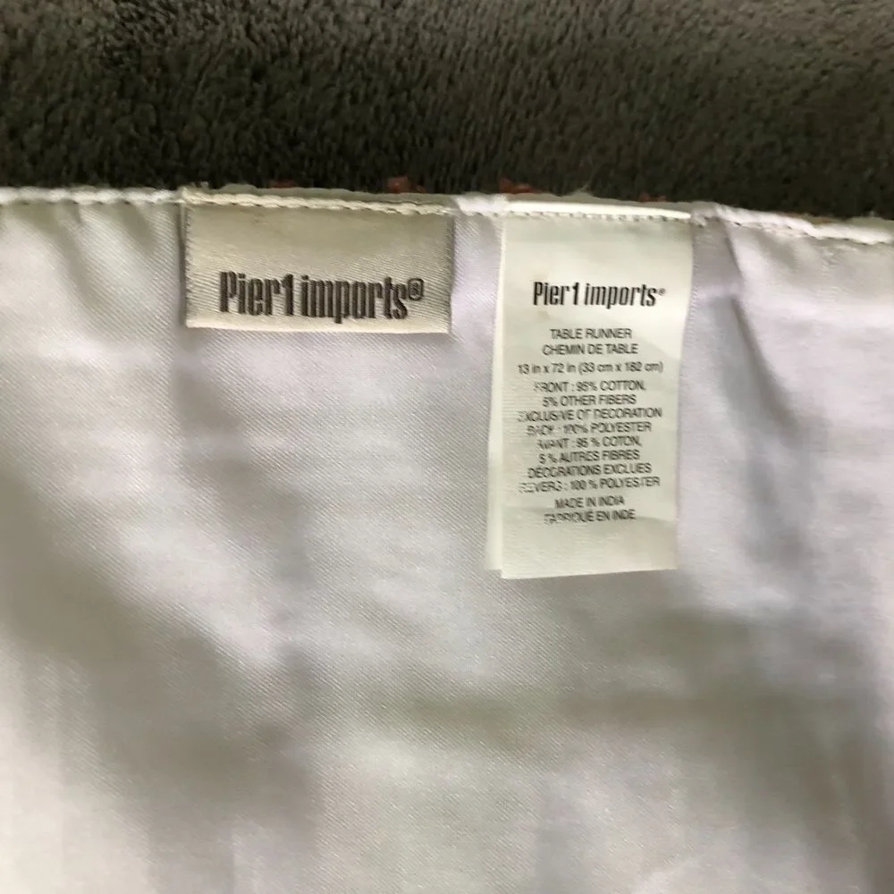Pier 1 Imports Table Runner BOHO White Tan Rust Ball Fringe 72 x 13 in India